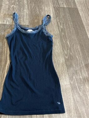 Abercrombie & Fitch Navy Ribbed Lace-Trim Camisole with Light Blue Trim Y2K